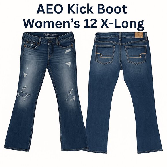 American Eagle Kick Boot Jeans Women’s Size 12 X-Long | Super Stretch Distressed - Picture 1 of 9